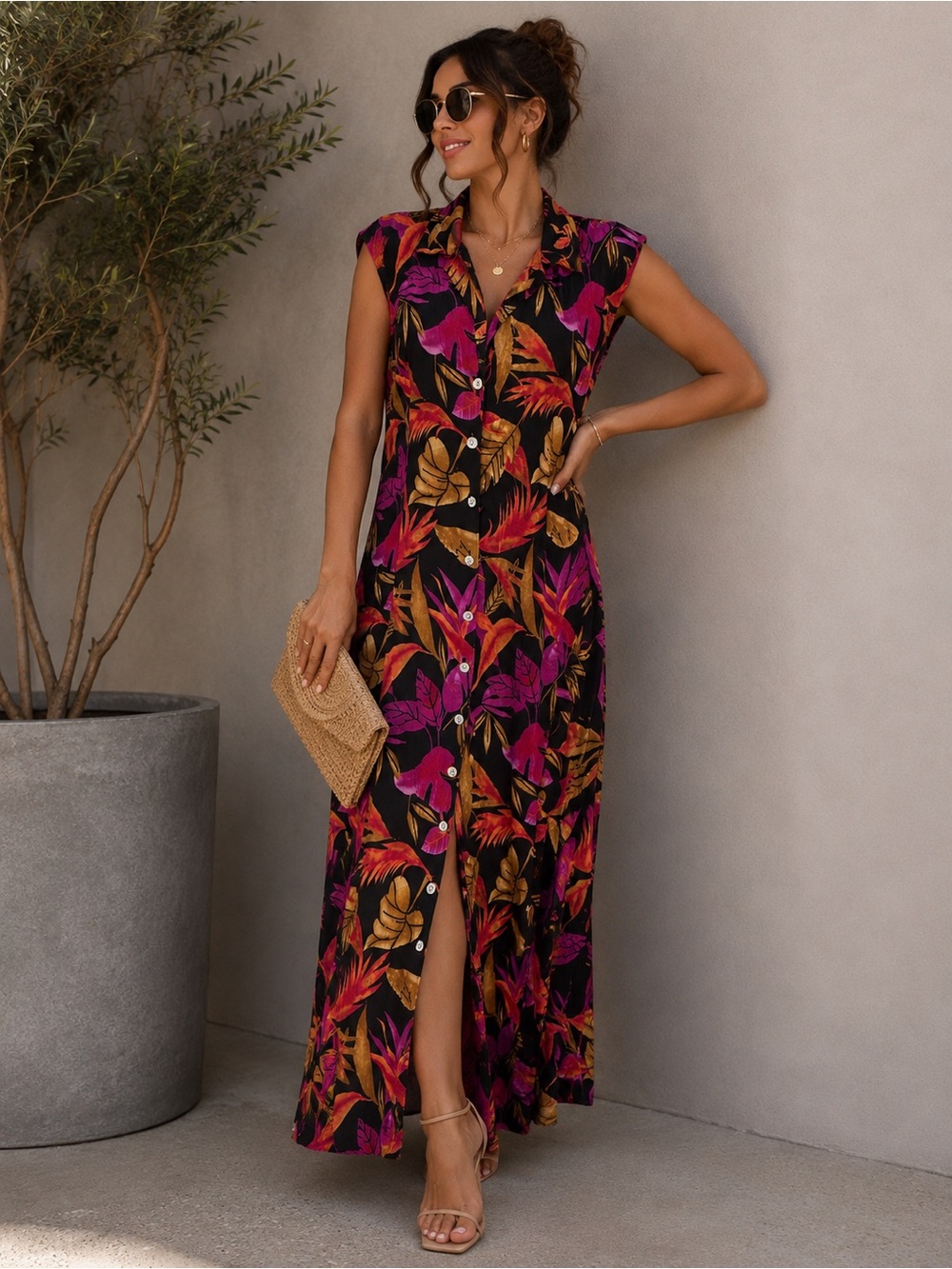 California Krush Tropical Print Maxi Dress L 100% Rayon Resort Vacation Dress - Picture 2 of 7